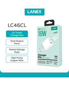 LANEX Set Charger Daya Perjalanan 18W LC46CL Tipe-C ke Kabel Petir & USB-A+Type-C/EU Charger PutihColour Putih