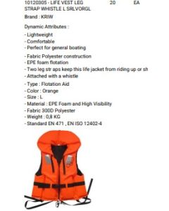 LIFE VEST LEG STRAP WHISTLE L SRLVORGL